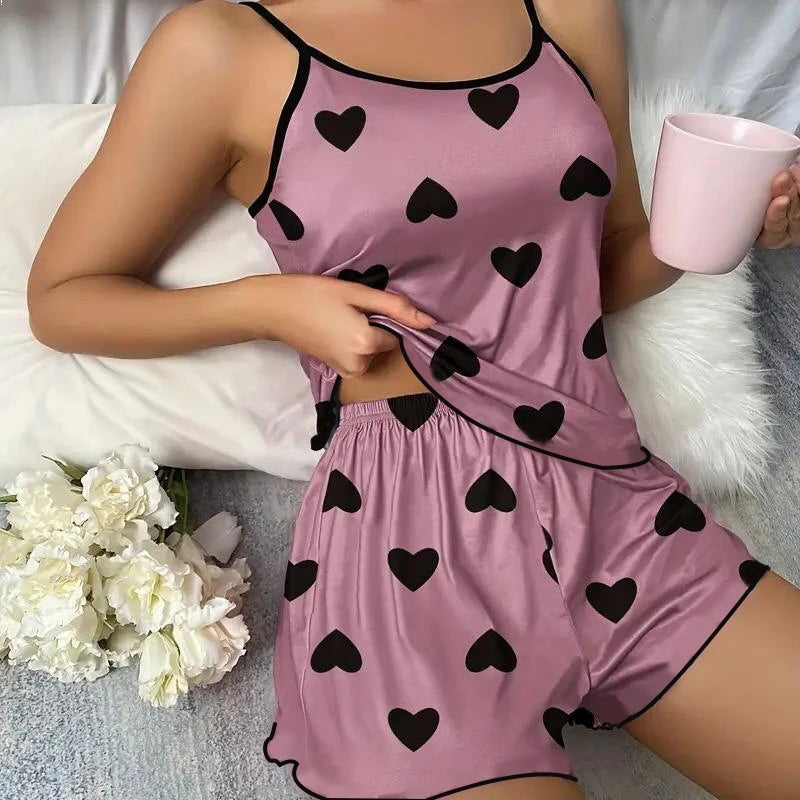 Women'S Pajama Set Pajamas T-Shirts Shorts Pink Heart-Shaped Print round Neck T-Shirt Ice Silk Top Comfortable Casual Summer ο»Ώ