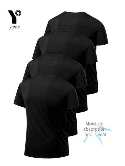 Round Neck T-Shirt 4-Pack Black Ultra-Light Men'S Quick Drying Breathable Sweat-Absorbent Shirt Suitable for Fitness Gym and Run