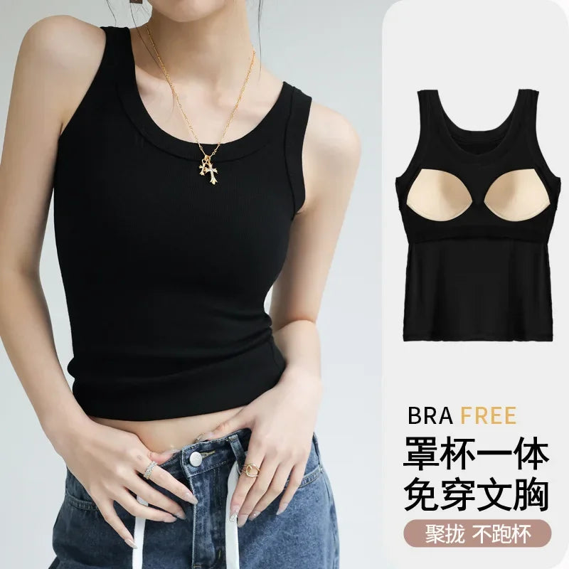 New Women Solid round Neck Ribbed Tank Top Camisole Women Summer Basic Elastic Tanktop One-Piece Vest with Chest Pad Y2K