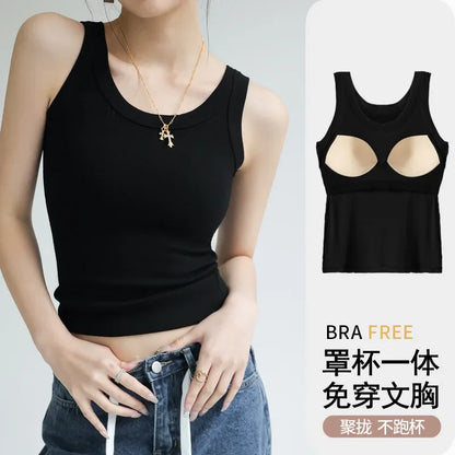 New Women Solid round Neck Ribbed Tank Top Camisole Women Summer Basic Elastic Tanktop One-Piece Vest with Chest Pad Y2K