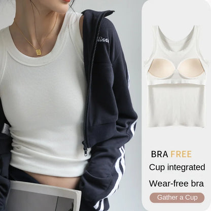 New Women Solid round Neck Ribbed Tank Top Camisole Women Summer Basic Elastic Tanktop One-Piece Vest with Chest Pad Y2K