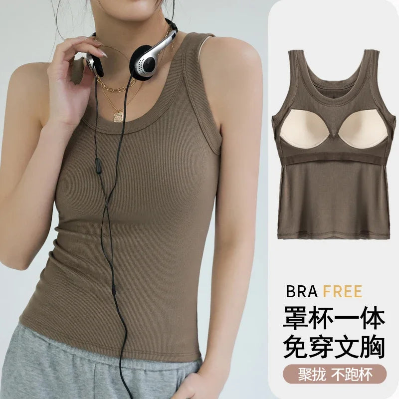 New Women Solid round Neck Ribbed Tank Top Camisole Women Summer Basic Elastic Tanktop One-Piece Vest with Chest Pad Y2K